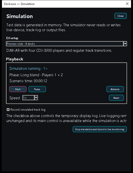 Deckovio Simulation Mode controls